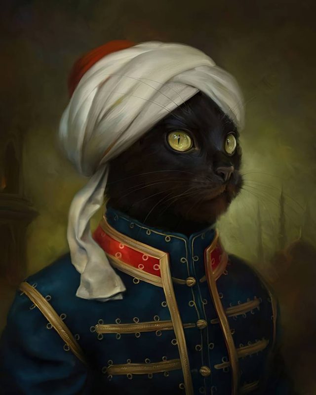 Crna mačka kao sultan, sa belim turbanom i plavom odorom sa zlatnim vezom