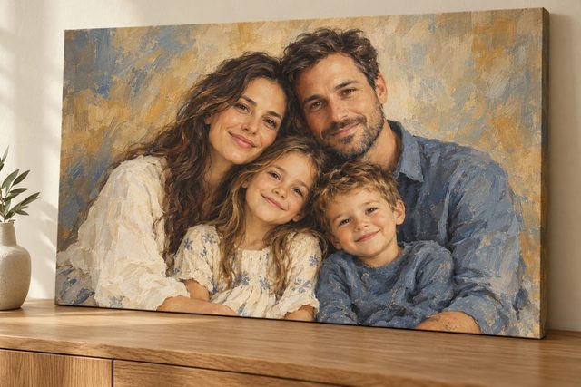Porodični portret roditelja i dvoje dece u stilu ulja na platnu
