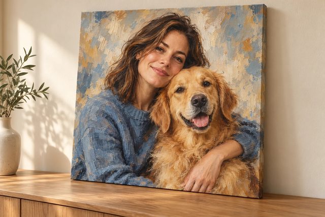 Portret žene sa zlatnim retriverom u stilu ulja na platnu